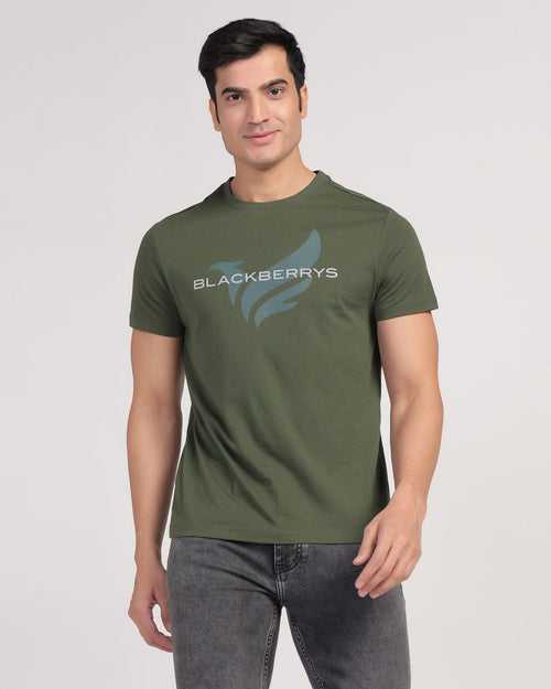 Crew Neck Olive Green Printed T-Shirt - Dote