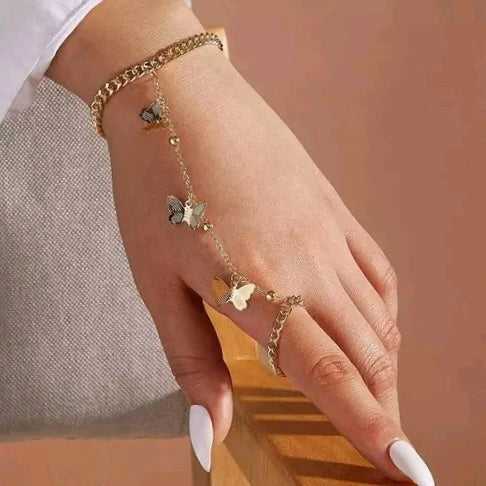 Triple Butterfly Layered Chain Ring Cum Bracelet