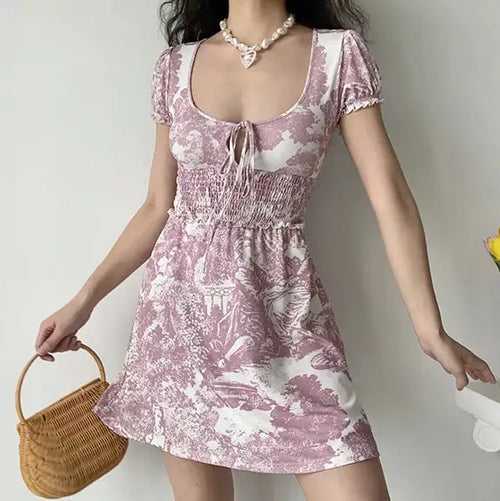 Retro Square Neck Tie Puff Sleeve Floral Dress