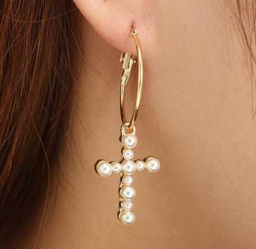 Cross Pearl Luxury Hoop Earrings