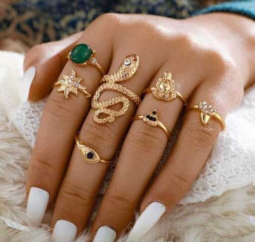 Snake And Stone Combo Rings Set (Set of 7)