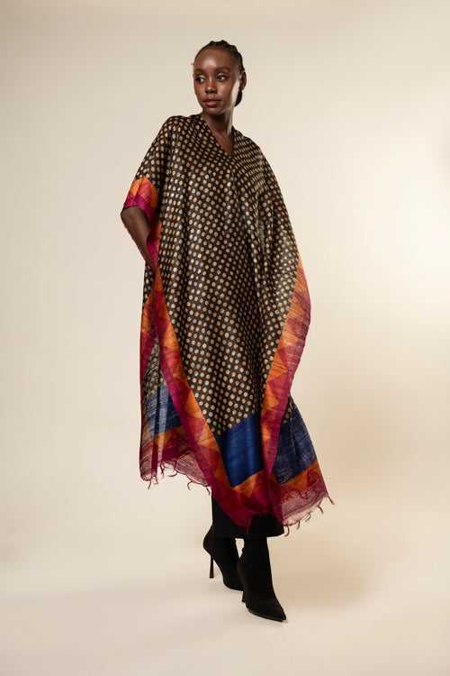 Gold Polka dotted Tussar Peace Silk 3 in 1 Cape