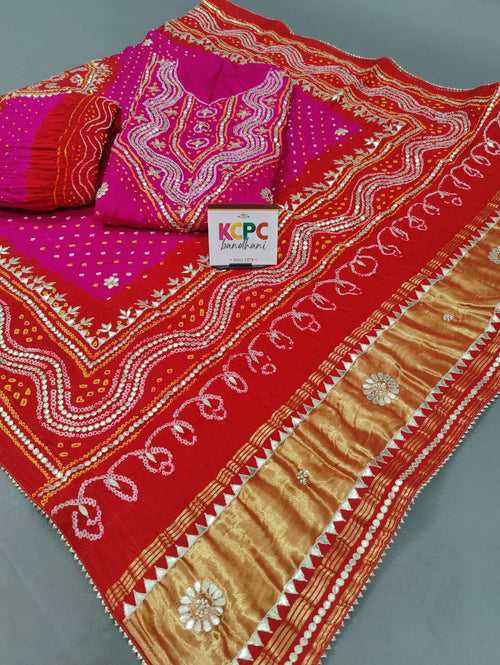 Pure Gaji Silk Bandhani Gotapatti Work Designer Salwar Suit Chudi Material