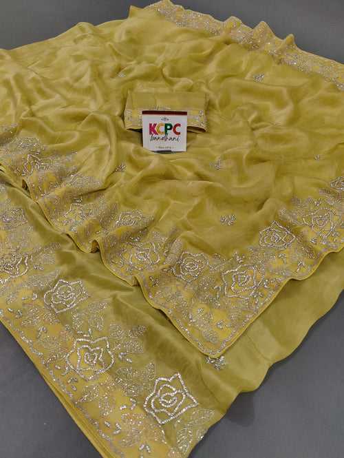 New Lemon Yellow Ad Diamond Work Heavy Designer Party Wear Jaipuri Saree with blouse