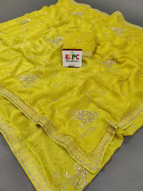 New HO silk Lemon Yellow Ad Diamond Work Heavy Designer Party Wear Jaipuri Saree with blouse