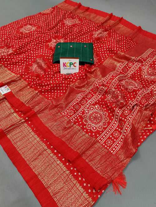 New Arrival Crush Bandhej Faji Style Cotton silk Saree with blouse and plastic mirror work