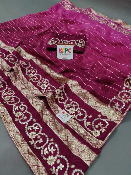 New Gujrati Style Gotapatti Border Work HO Silk Designer Saree with blouse maru