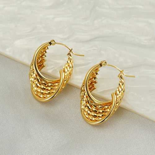 Elegant U Shape Stripe Plating Stainless Steel 18k Gold Plated Anti-Tarnish Hoop Earrings