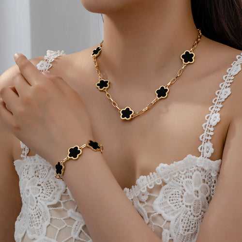 Flower Style Gold Plated Black Necklace and Bracelet Set For Women