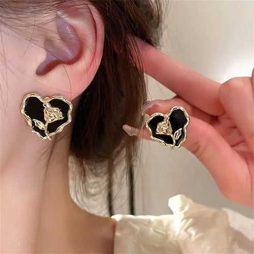 Gold Plated Black Color Heart Shape Flower Studs Earring