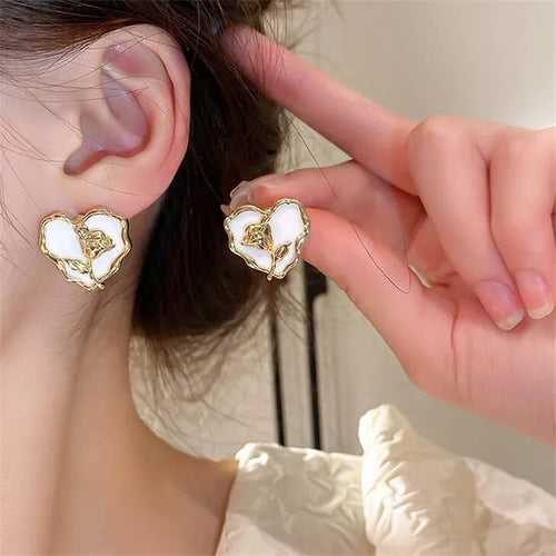Gold Plated White Color Heart Shape Flower Studs Earring