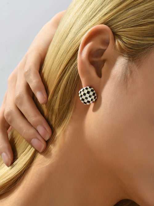 Korean Style Black White Color Block Square Stud Earring For Women