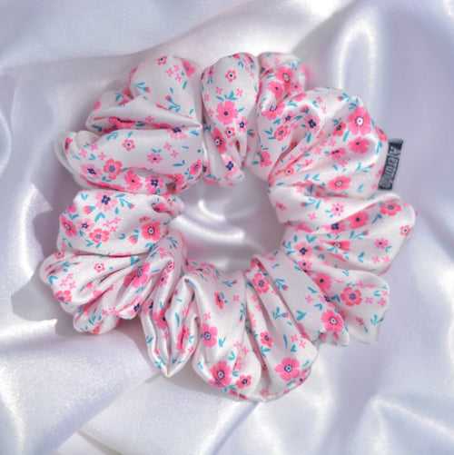 Pink Flower Print Premium Quality Satin Scrunchie