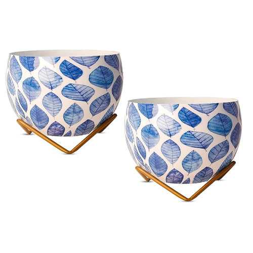 Indoor Metal decor Vase/Planter- White & Blue Set of 2