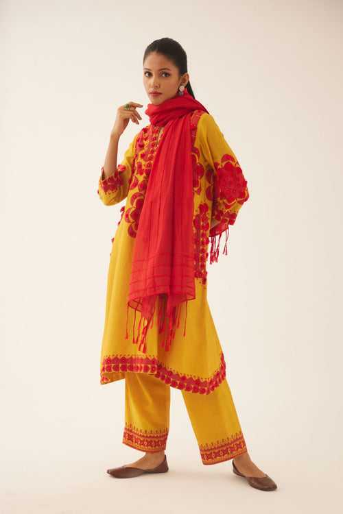 Golden yellow silk chanderi A-line kurta set, highlighted with contrast applique, tassels and sequins.