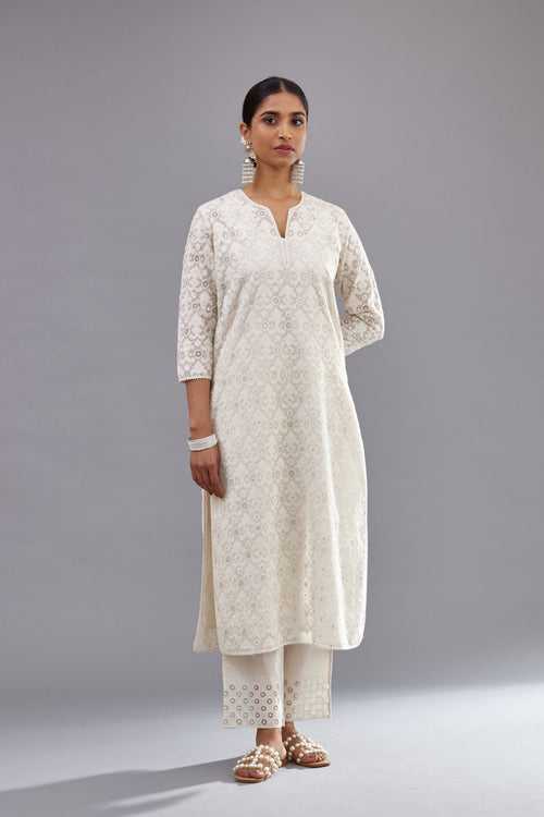 Off white straight kurta set with all-over cotton appliqué trellis jaal, highlighted with sequins.