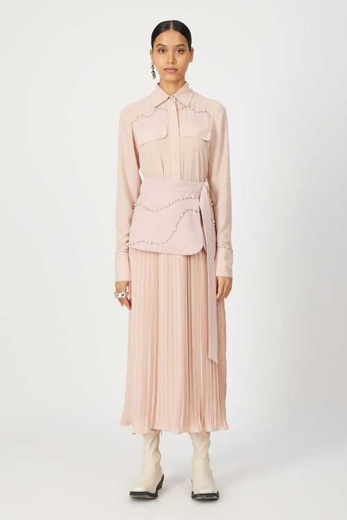 powder peach pleated dareth skirt with detachable crafted belt