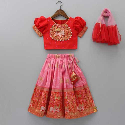 Reindeer Brocade Embroidered Red Top And Dual Tone Lehenga With Ruffle Dupatta