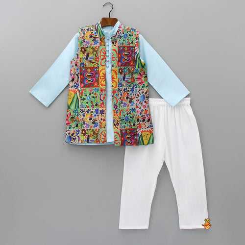 Blue Kurta With Muticoloured Printed Jacket And Pyjama