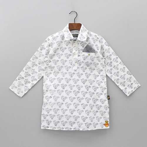 Hand Block Bird Printed White Kurta