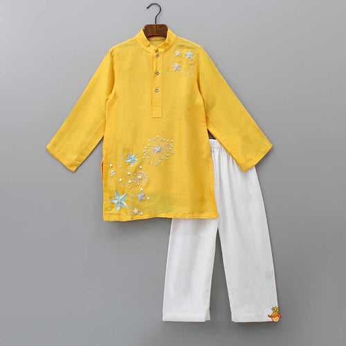 Embroidered Yellow Bamber Silk Kurta And Pyjama