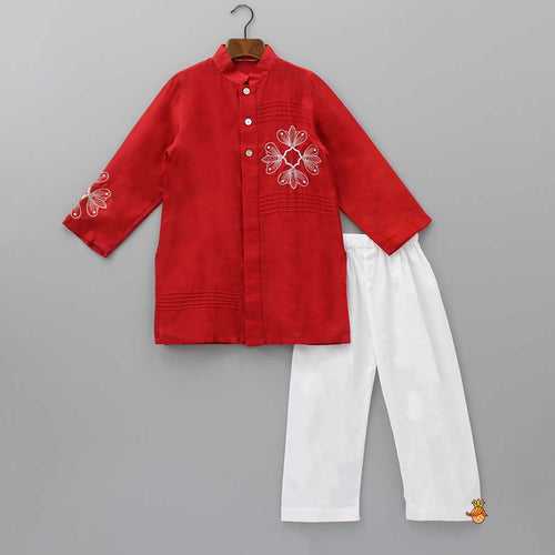 Pin Tuck Front Open Red Kurta And Pyjama