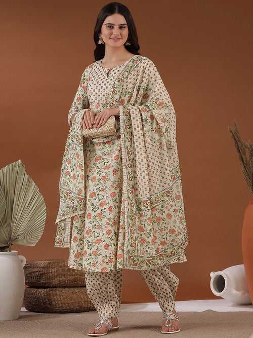 Beige Floral Printed Notched Neck Empire Gotta Patti A-Line Kurta Pants & Dupatta