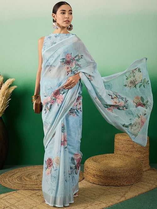 Blue Floral Printed Embellished Linen Blend Saree