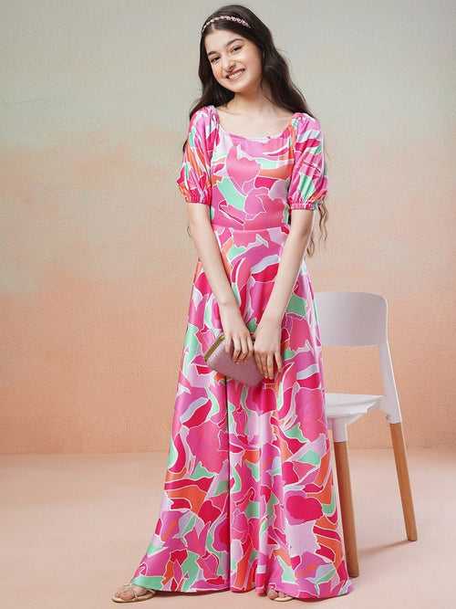 Girls Pink Abstract Printed Puff Sleeves Satin Fit & Flare Maxi Dress