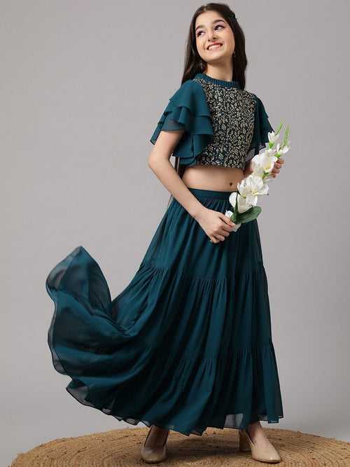 Girls Teal Embroidered Beads and Stones Ready to Wear Lehenga & Blouse