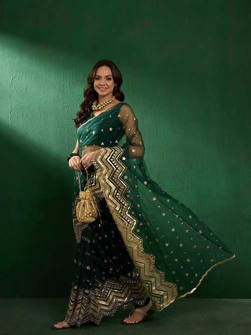 Green Ethnic Motifs Embroidered Zari Sequined Saree