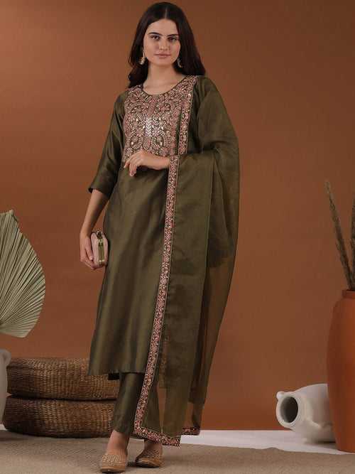 Green Ethnic Motifs Yoke Design Thread Work Pure Silk Straight Kurta Trousers & Dupatta