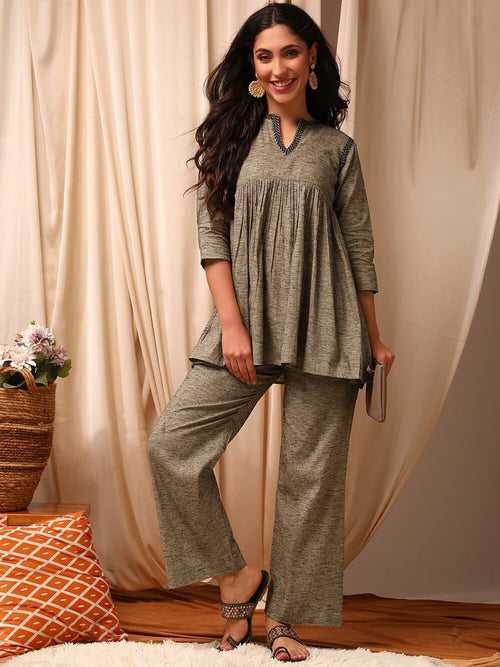 Grey V-Neck Pleated Cotton Tunic & Trousers Co-Ords