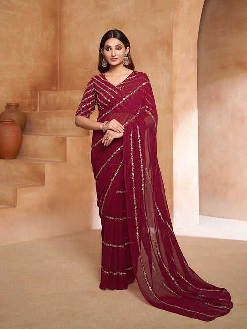 Magenta Floral Embroidered Sequinned Saree