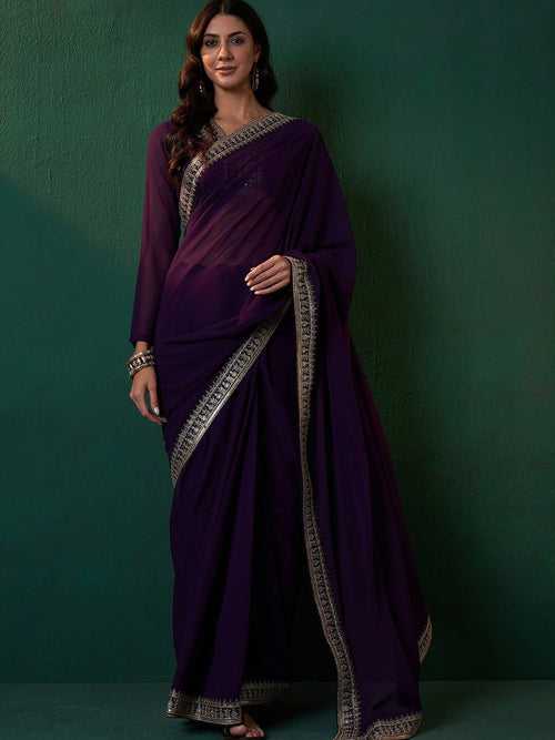 Magenta Sequined Embroidered Border Saree