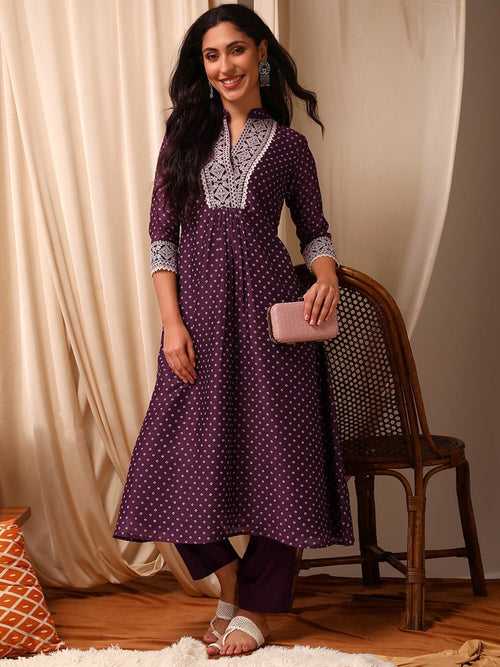 Maroon Bandhani Printed Mandarin Collar Thread Work A-Line Kurta