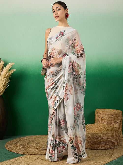 Off White Floral Printed Saree With Blouse Piece
