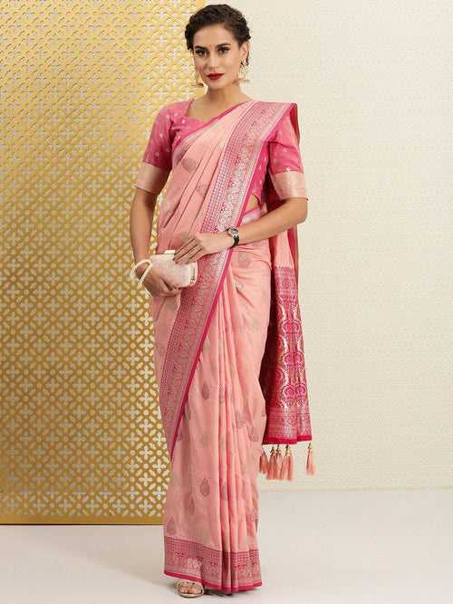 Pink Ethnic Motifs Zari Silk Cotton Banarasi Saree