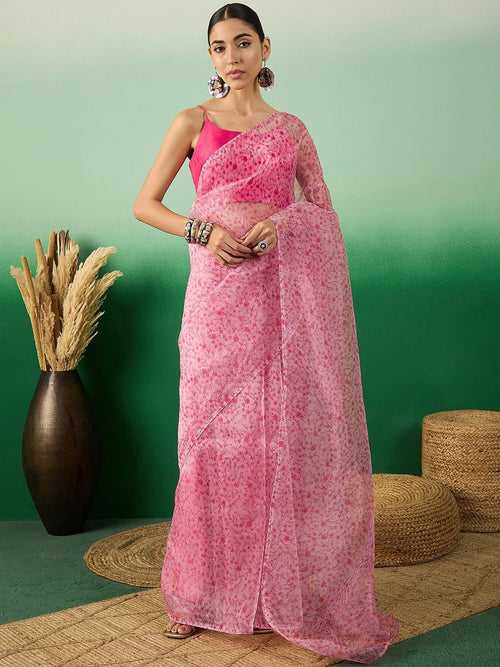 Pink Floral Digital Printed Saree With Blouse Piece