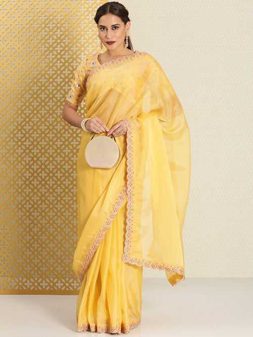 Yellow Solid Zari Organza Jashn Saree