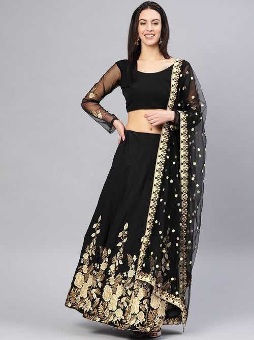 Black Taffeta Silk Embroidered Lehenga With Blouse & Dupatta