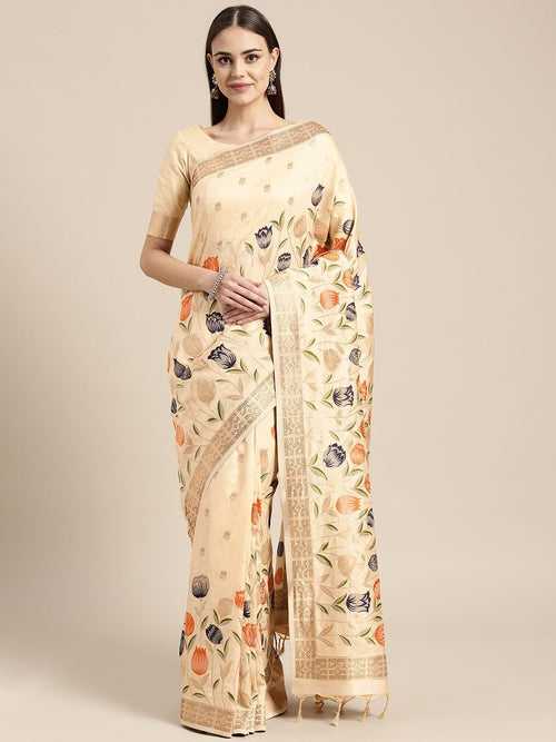 Cream Woven Design Embellished Traditional Saree