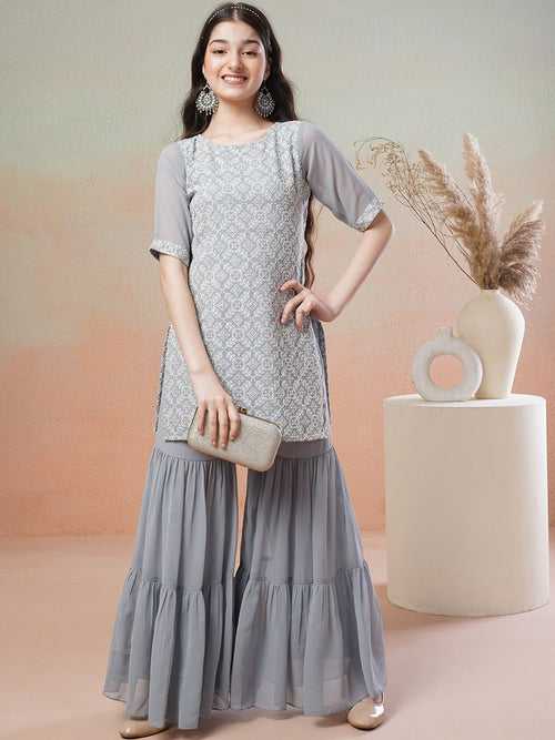 Girls Grey Floral Embroidered Round Neck Thread Work Kurta with Sharara