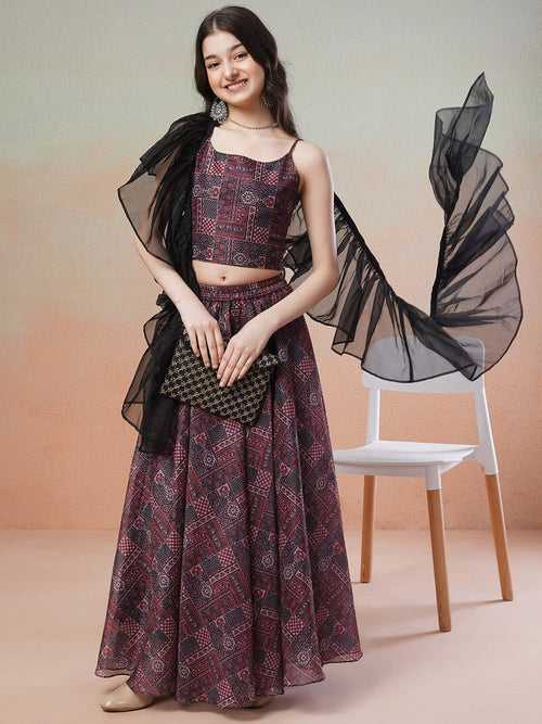 Girls Maroon Printed Ready to Wear Lehenga & Blouse With Dupatta