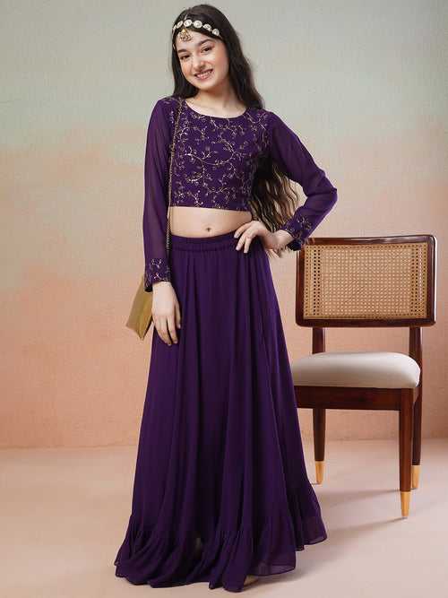 Girls Purple Embroidered Thread Work Ready to Wear Lehenga &