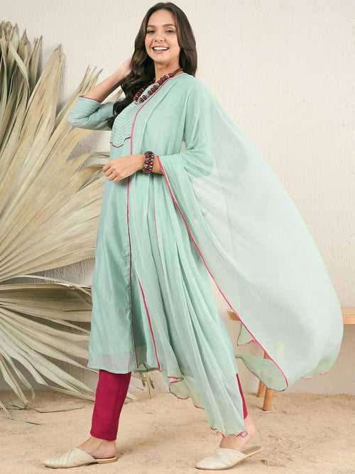 Green Self Design Chanderi Cotton A-Line Kurta With Trousers & Dupatta