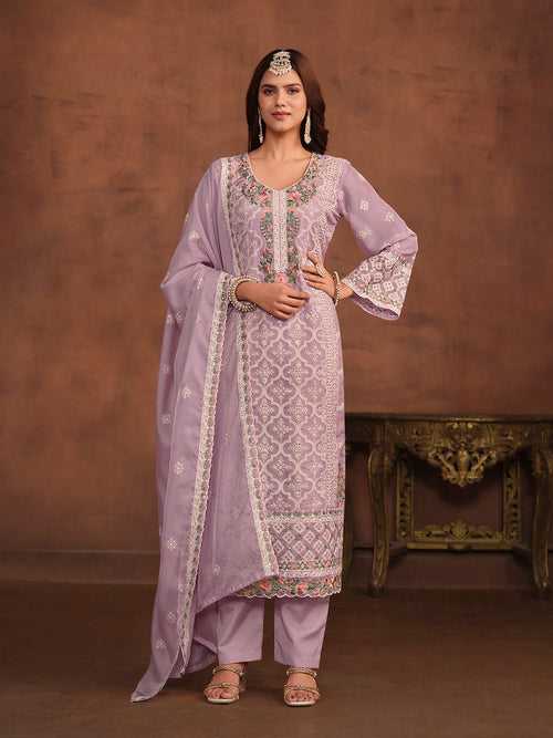 Lilac Embroidery Straight Pant Suit