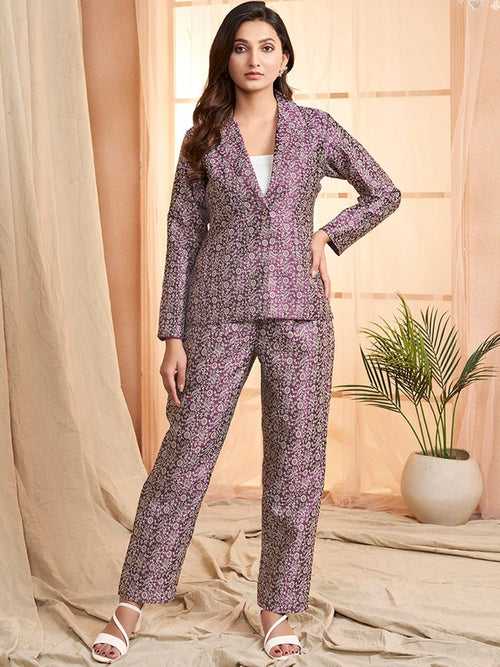 Mauve and beige Floral Woven Design Top & Trousers Ethnic Co-Ords