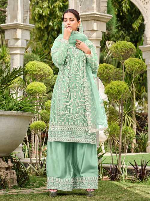 Mint Green Thread Embroidery Festive Palazzo Suit