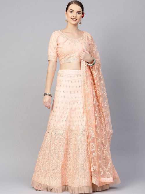 Peach Georgette Embellished Lehenga With Blouse & Dupatta